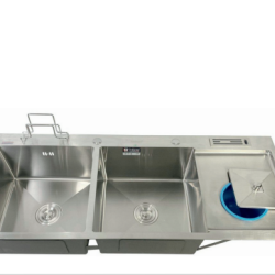 CHẬU RỬA CHÉN BÁT 2 HỘC 1 CÁNH DAO THỚT RÁC HANDMADE GOLICAA GD-10048DTR SUS 304